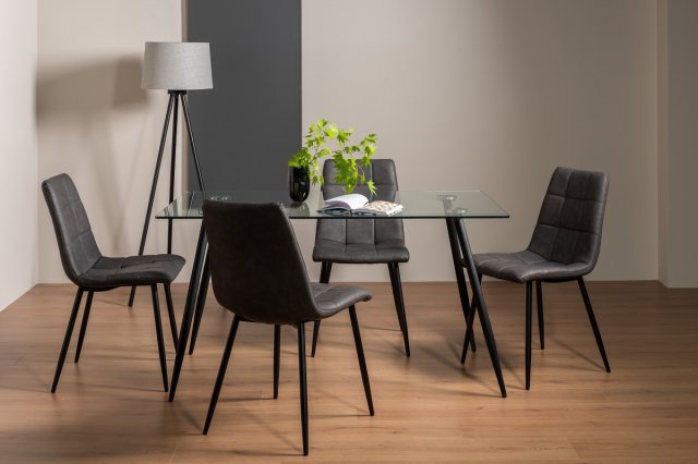 Martini - Glass 6 Seater Dining Table & 4 Dark Grey Faux Leather Mondrian Dining Chairs Martini - Glass 6 Seater Dining Table & 4 Dark Grey Faux Leather Mondrian Dining Chairs