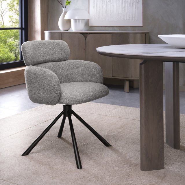 Hudson Self Returning Swivel Chair in a Light Grey Boucle Fabric Hudson Self Returning Swivel Chair in a Light Grey Boucle Fabric