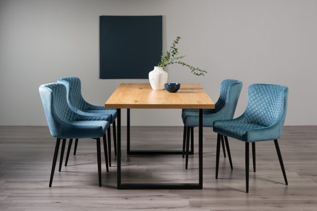 Ramsay - U Leg Oak Effect 6 Seater Dining Table & 4 Blue Velvet Cezanne Dining Chairs Ramsay - U Leg Oak Effect 6 Seater Dining Table & 4 Blue Velvet Cezanne Dining Chairs