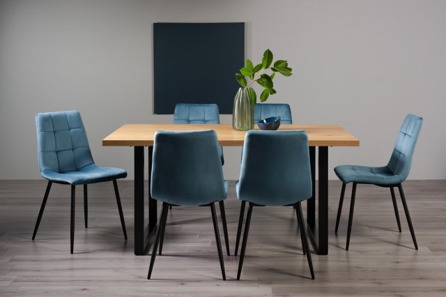 Ramsay - U Leg Oak Effect 6 Seater Dining Table & 6 Blue Velvet Mondrian Dining Chairs Ramsay - U Leg Oak Effect 6 Seater Dining Table & 6 Blue Velvet Mondrian Dining Chairs