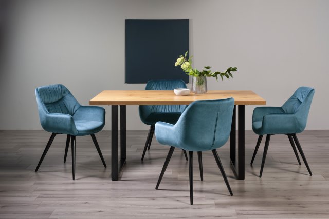 Ramsay - U Leg Oak Effect 6 Seater Dining Table & 4 Blue Velvet Dali Dining Chairs Ramsay - U Leg Oak Effect 6 Seater Dining Table & 4 Blue Velvet Dali Dining Chairs