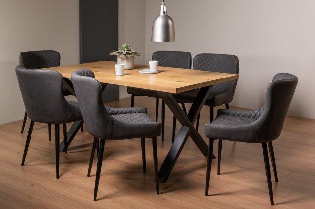 Ramsay X Leg Oak Effect 6 Seater Dining Table & 6 Cezanne Dining Chairs in Dark Grey Faux Leather Ramsay X Leg Oak Effect 6 Seater Dining Table & 6 Cezanne Dining Chairs in Dark Grey Faux Leather