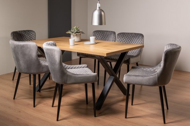 Ramsay X Leg Oak Effect 6 Seater Dining Table & 6 Cezanne Dining Chairs in Grey Velvet Fabric Ramsay X Leg Oak Effect 6 Seater Dining Table & 6 Cezanne Dining Chairs in Grey Velvet Fabric