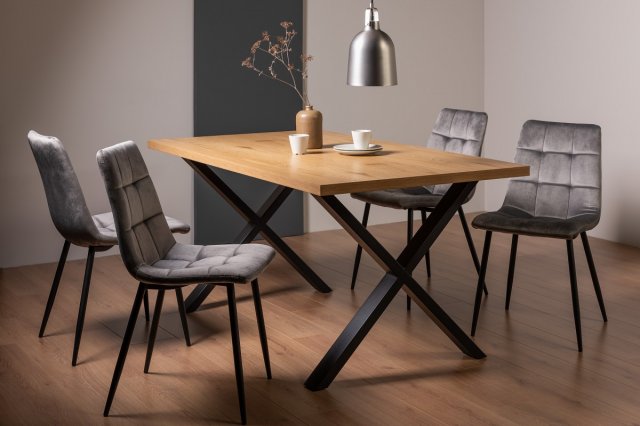 Ramsay - X Leg Oak Effect 6 Seater Dining Table & 4 Grey Velvet Mondrian Dining Chairs Ramsay - X Leg Oak Effect 6 Seater Dining Table & 4 Grey Velvet Mondrian Dining Chairs