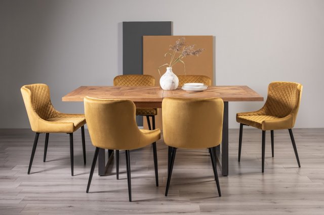 Lowry Rustic Oak 6-8 Dining Table & 6 Cezanne Dining Chairs in Mustard Velvet Fabric Lowry Rustic Oak 6-8 Dining Table & 6 Cezanne Dining Chairs in Mustard Velvet Fabric
