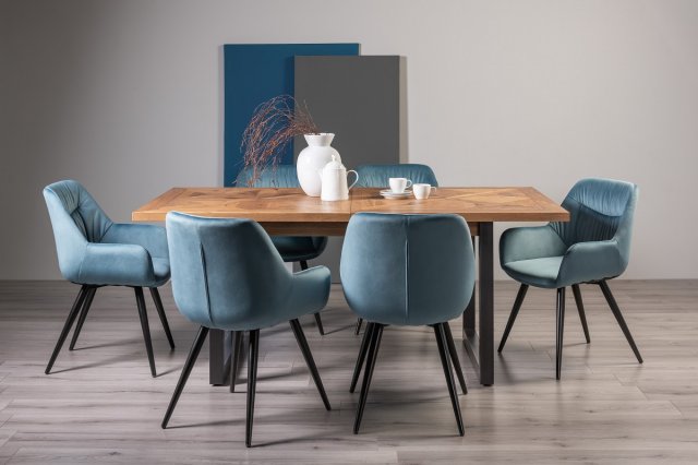 Lowry - Rustic Oak 6-8 Seater Extendable Dining Table & 6 Blue Velvet Dali Dining Chairs Lowry - Rustic Oak 6-8 Seater Extendable Dining Table & 6 Blue Velvet Dali Dining Chairs
