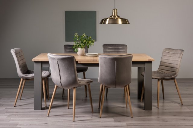 Hopper - Scandi Oak 6-8 Seater Extendable Dining Table & 6 Grey Velvet Eriksen Dining Chairs Hopper - Scandi Oak 6-8 Seater Extendable Dining Table & 6 Grey Velvet Eriksen Dining Chairs