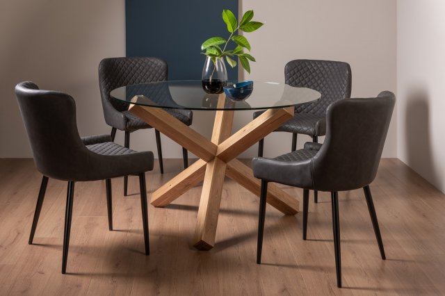 Goya Light Oak Glass 4 Seater Dining Table & 4 Cezanne Dining Chairs in Dark Grey Faux Leather Goya Light Oak Glass 4 Seater Dining Table & 4 Cezanne Dining Chairs in Dark Grey Faux Leather