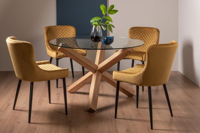 Goya Light Oak Glass 4 Seater Dining Table & 4 Cezanne Dining Chairs in Mustard Velvet Fabric Goya Light Oak Glass 4 Seater Dining Table & 4 Cezanne Dining Chairs in Mustard Velvet Fabric