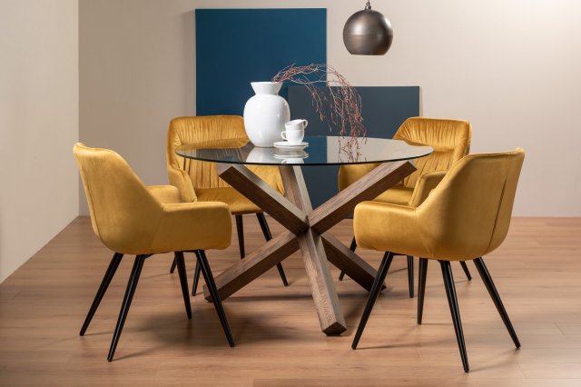 Goya - Dark Oak Glass 4 Seater Dining Table & 4 Mustard Velvet Dali Dining Chairs Goya - Dark Oak Glass 4 Seater Dining Table & 4 Mustard Velvet Dali Dining Chairs