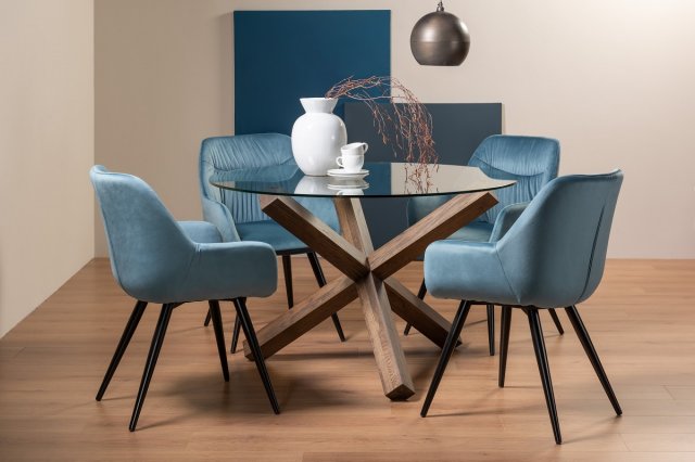 Goya - Dark Oak Glass 4 Seater Dining Table & 4 Blue Velvet Dali Dining Chairs Goya - Dark Oak Glass 4 Seater Dining Table & 4 Blue Velvet Dali Dining Chairs