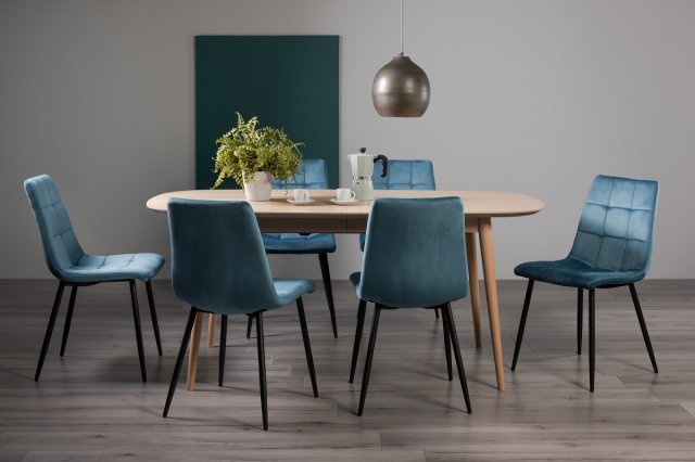 Johansen - Scandi Oak 6-8 Seater Extendable Dining Table & 6 Blue Velvet Mondrian Dining Chairs Johansen - Scandi Oak 6-8 Seater Extendable Dining Table & 6 Blue Velvet Mondrian Dining Chairs