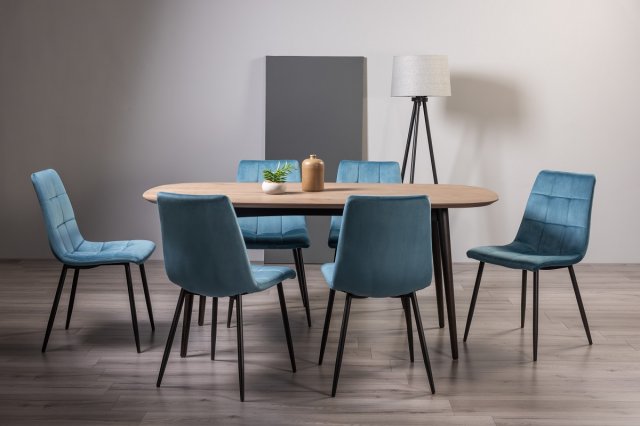 Tuxen - Weathered Oak 6 Seater Dining Table & 6 Blue Velvet Mondrian Dining Chairs Tuxen - Weathered Oak 6 Seater Dining Table & 6 Blue Velvet Mondrian Dining Chairs