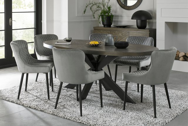 Home Origins Bosco fumed oak 6 seater dining table with 6 Cezanne chairs- grey velvet fabric