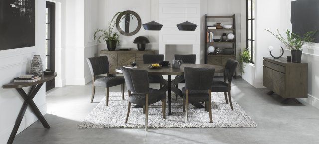 Home Origins Bosco Fumed Oak 6 Seater Dining Table & 6 Constable Fumed Oak Upholstered Chairs- Dark Grey Fabric- lifestyle