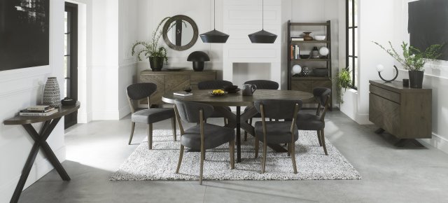 Home Origins Bosco Fumed Oak 6 Seater Dining Table & 6 Bosco Fumed Oak Upholstered Chairs- Dark Grey Fabric- lifestyle
